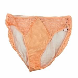Victoria's Secret Hi Leg Brief Tangerine White Stripe Lace Inlay Panty Large
